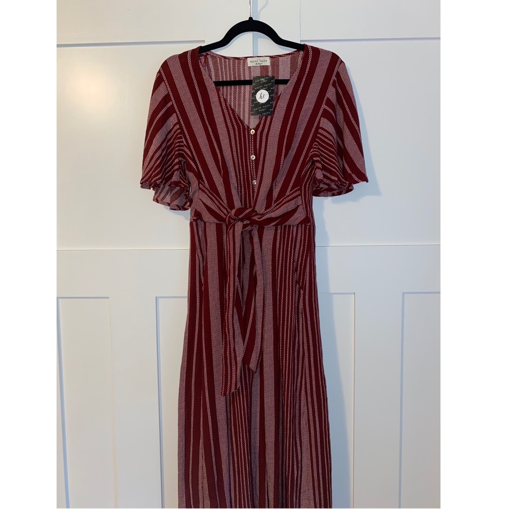 ✨ Striped Maroon Boutique Tie Long Summer Romper✨